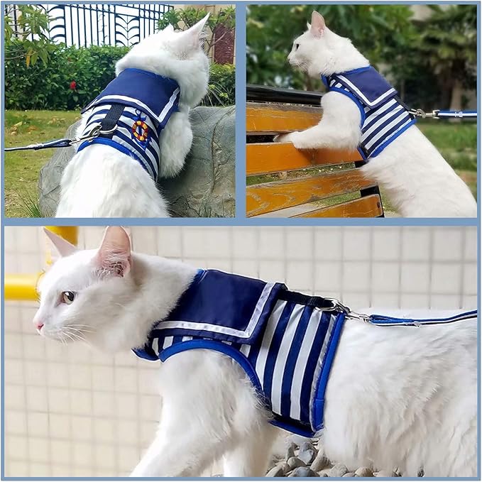 Cat Harness and Leash for Walking Escape Proof, Adjustable Cat Vest Harness, Padded Stylish Cat Walking Jackets, Sailor Suit Navy, Large