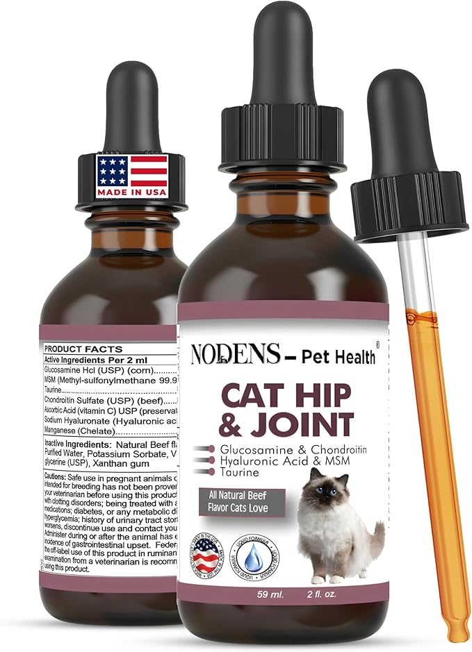 NODENS Cat Hip and Joint Liquid Glucosamine for Cats with Chondroitin – All Natural Cat Joint Supplement for Senior Cats Pain Relief Anti-inflammatory for Improved Joint Flexibility & Mobility 2oz