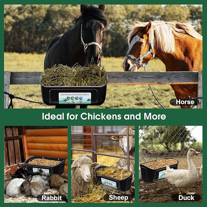 PIREKZUNT 2 Pack Chicken Duck Feeder, Poultry Feeders and Waterers, Hanging Goat Feeder, Livestock Feeding Container, Feed Trough and Waterer Bucket with Clips(Black)