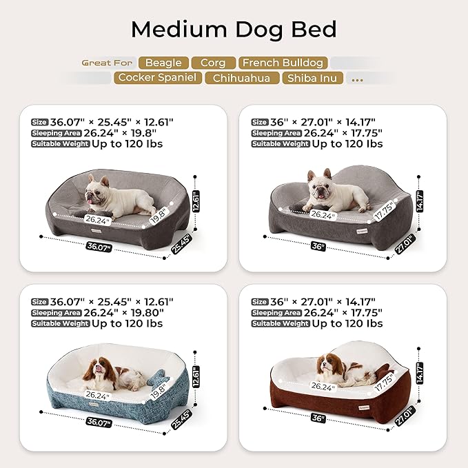 Cooling Orthopedic Dog Bed Medium Size Dog, High-Resilience Memory Foam Support, All-Season Comfort Pet Bed with 3 Washable Removable Cover & Waterproof Liner, Never Sag Dog Couch with Bone Toy