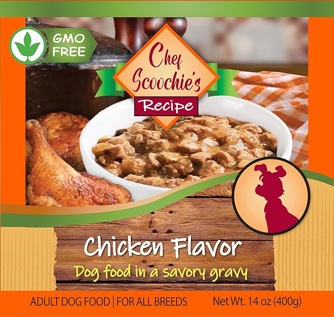 Scoochie Pet Products Chef Scoochie's Chicken Dog Food in Rich Gravy Natural Wet Food - Easy Open Pop-Top Cans for Grown Dogs - Complete Meal or Food Topper 12 Cans (14 oz e.)