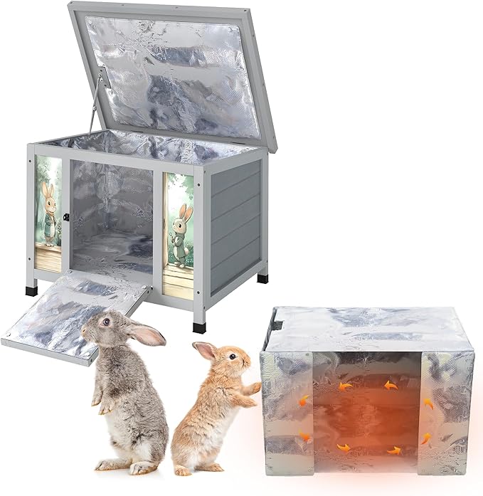 Coziwow 25" Insulated Cat House Bunny Hutch for Outdoor & Indoor Use - Solid Wood Rabbit Cage with Winter Warm Liner, Lightweight Weatherproof Shelter for Cats, Rabbits, Small Animals (Gray)
