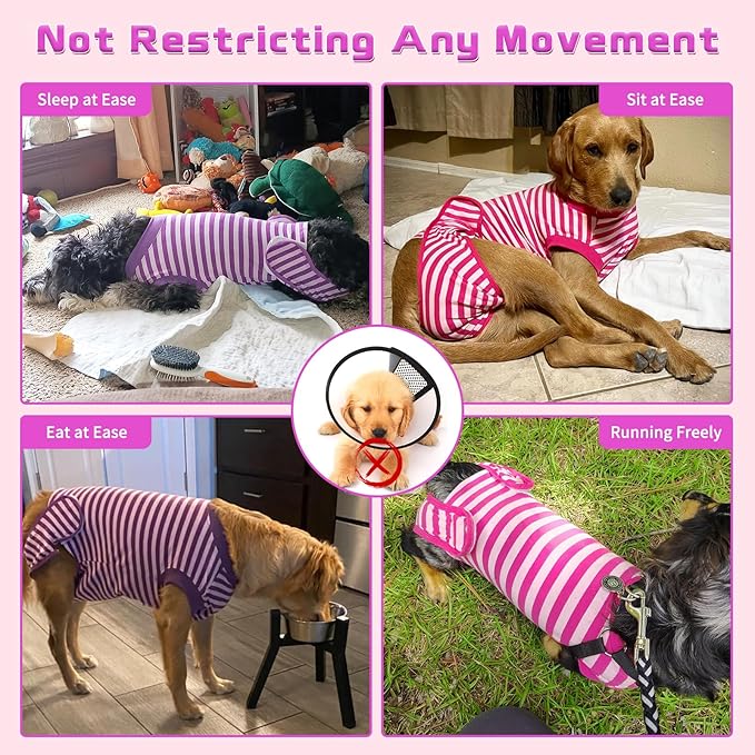 2 Packs Breathable Cotton Dog Recovery Suit for After Neuter Spay Abdominal Wounds Protector, Professional Anti-Licking Onesies for Male Female Pets Surgery Bandages, S Purple & Pink Stripes