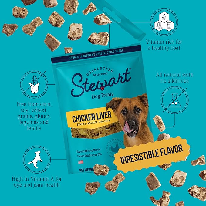 Stewart Chicken Liver Dog Treats, 3 oz, ~55 Pieces, Freeze Dried Raw, Single Ingredient, 60% Protein Training Treats or Meal Topper in a Resealable Pouch, Grain Free, Gluten Free