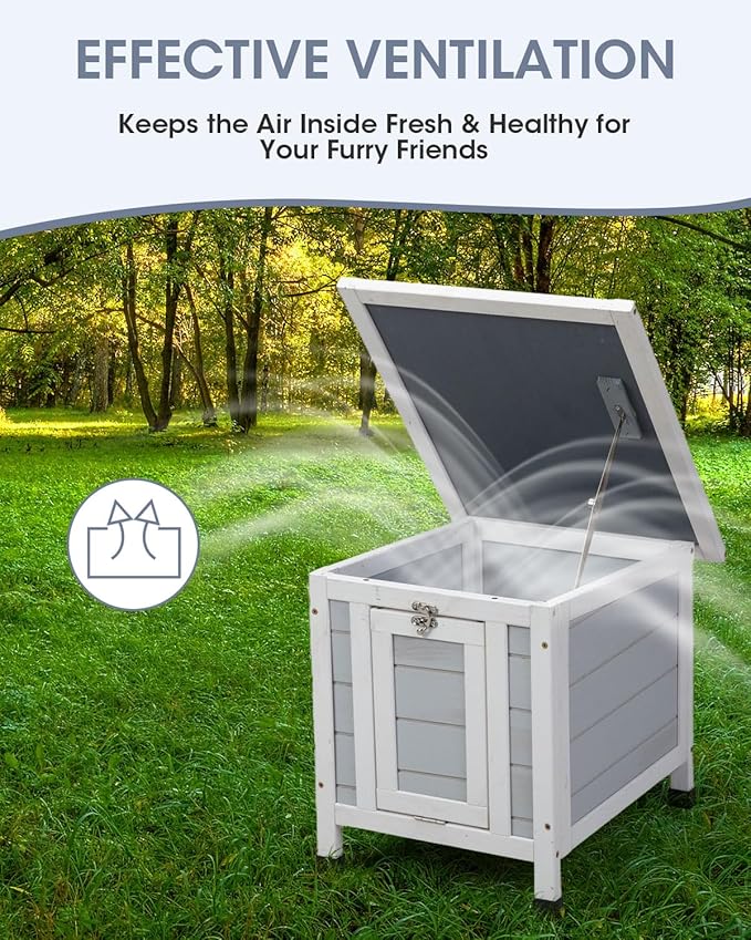 SANDINRAYLI Outdoor Cat House Weatherproof, Wooden Rabbit Hutch Bunny Cage Chicken Coops Shelter with Elevated Floor for Feral Cat/Bunny/Guinea Pig/Duck, Grey