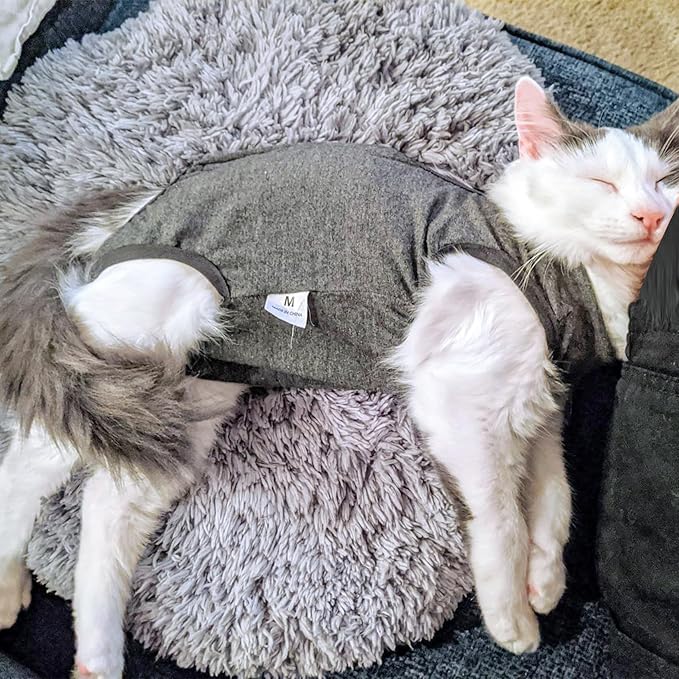 DOTON Cat Recovery Suit for Male and Female Surgical Post Surgery Soft Cone Onesie Shirt Clothes Neuter Licking Protective Diapers Outfit Cover Kitten Spay Collar(L, Grey)