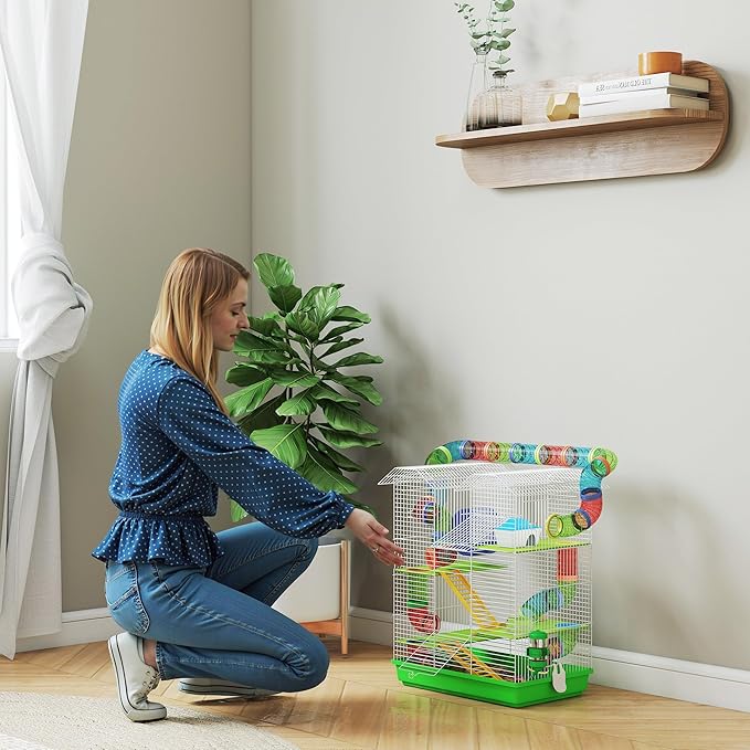 PawHut 18.5" 5 Tier Hamster Cage with Tubes and Tunnels, Small Animal Cage, Rat Gerbil Cage with Water Bottle, Food Dish, Exercise Wheel, Green