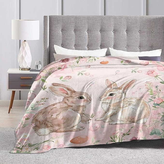 Cute Rabbit Blanket Bunny Flower Decor Pink Throw Blanket Gifts for Girls Boys Rabbit Lover Couch Bedding Super Warm Soft Plush Lightweight Fleece Flannel Blanket for Kids Adults Men Women 80"X60"