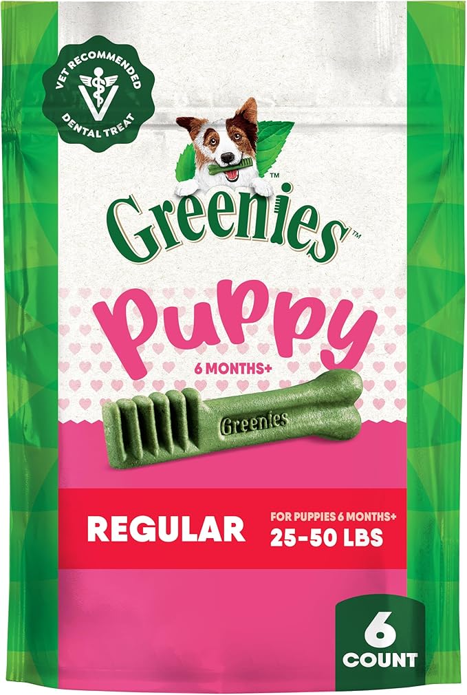 Greenies Dental Treats for Dogs, Veterinarian-Recommended Natural Puppy Treats Regular Size, 6 oz. Pack, 6 Count