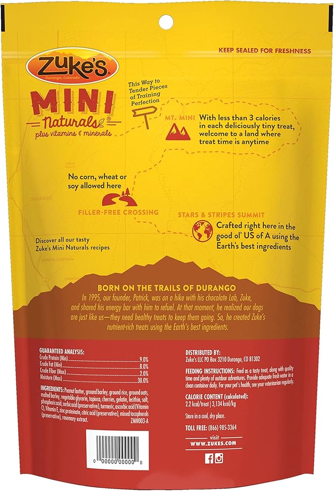 Zuke's Mini Naturals Tender Mini Bites Training Dog Treat Variety Pack, 1 Chicken Recipe, 1 Peanut Butter & Oats Recipe, 16-Ounce Resealable Pouch (2 CT)
