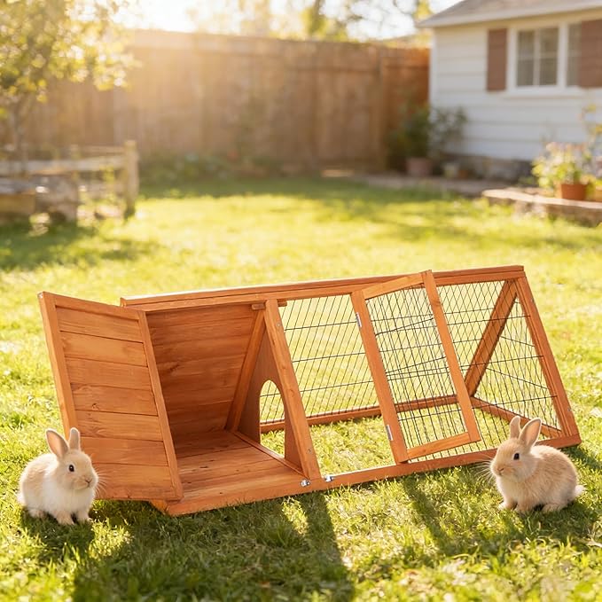 Wooden A-Frame Rabbit Hutch Bunny Cages with Ventilating Wire & 2 Doors Indoor Outdoor Portable Playpen Run House for Chicken Duck Quail Poultry & Small Animals (Natural Wood)