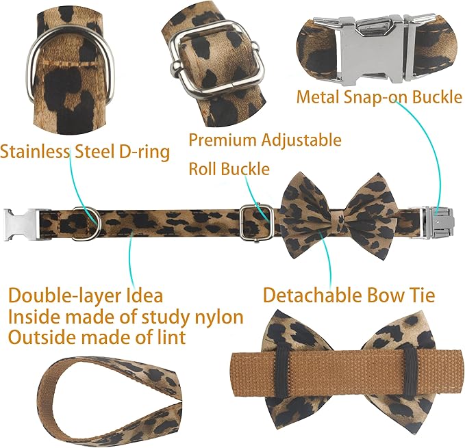 Soft Comfortable Adjustable Leopard Print Pet Collar with Bowtie, Heavy Duty Dog Collar and Leash Set for Small Medium Large Dogs Cats, Puppy Grooming Doggy Accessories, Length 18" - 26"