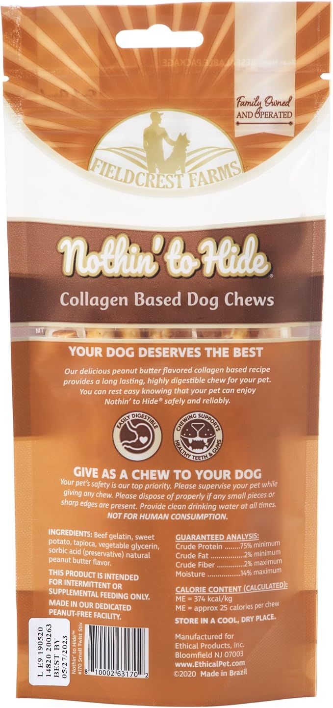 Fieldcrest Farms Nothin' to Hide Twist Stix, Peanut Butter Flavor, Easily Digestible, Supports Skin, Coat, Joints & Muscles, for Moderate Chewers Under 15lbs, 10 Pieces