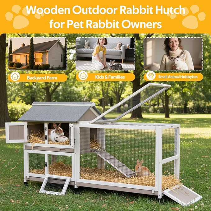 PetsCosset Rabbit Hutch Outdoor Bunny Hutch 2-Story Wooden Indoor Rabbit Cage with Run, 6 Wheels, Waterproof 3 Leak Proof Trays, Ramp, Weatherproof Asphalt Roof for Animals Pets, Expandable Design