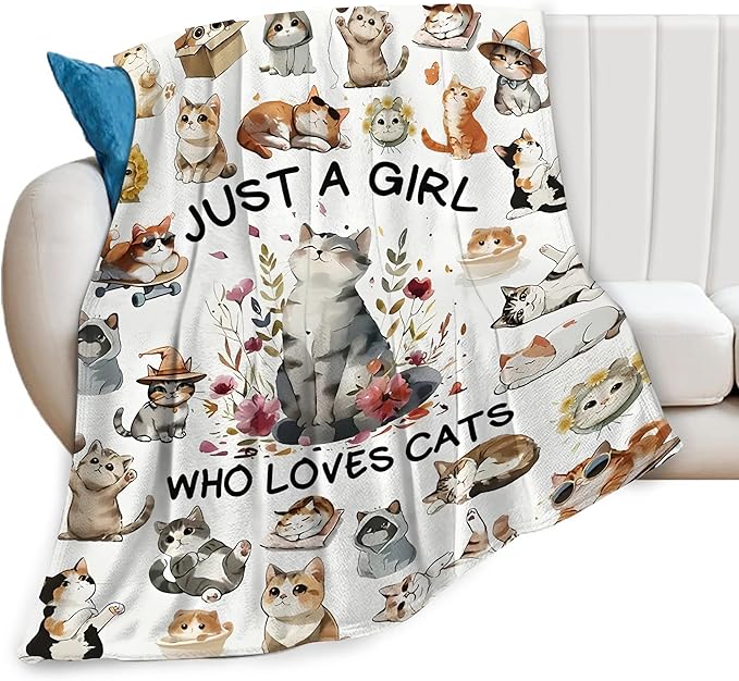 SweetFox Just A Girl Who Loves Cats Blanket, Cute Cat Decor Throw Blanket Gifts for Girls Boys Lovers Super Warm Soft Plush Fleece Flannel Winter Bedding Blankets for Kids Adults Men Women 50"X40"