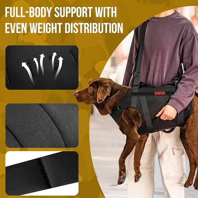 OneTigris Full Body Dog Carry Sling for Large Dogs, Dog Lift Harness Backpack Carrier with Handles, for Senior Dogs, Joint Injuries, Up and Down Stairs (Black, M)