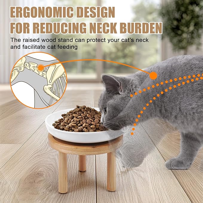 Shallow Elevated Cat Bowls with Bamboo Stand, 5.9 Inch Wide Ceramic Cat Dish Whisker Friendly, 2 Pack Pet Food and Water Plates
