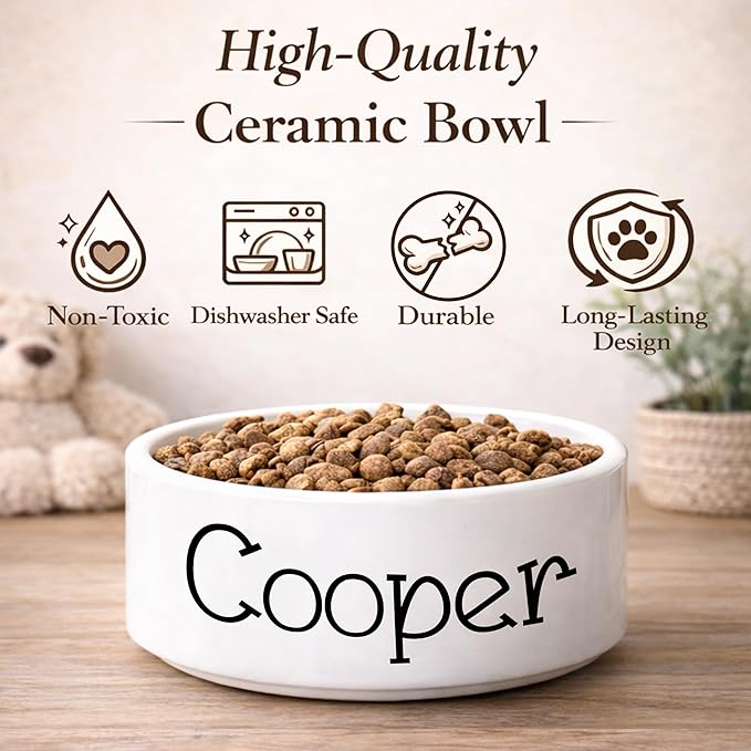 Custom Pet Bowl for Dogs & Cats | Personalized Food & Water Dish with Name | Microwave & Dishwasher Safe Ceramic Feeding Bowl | Gift Idea for Puppy, Kitten & Rabbit Owners | White – Large