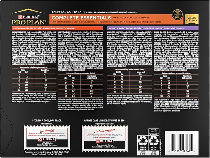 Purina Pro Plan Wet Dog Food Grain Free Complete Essentials Variety Pack, Chicken and Carrots and Turkey and Sweet Potato Entrees - (Pack of 12) 13 oz. Cans