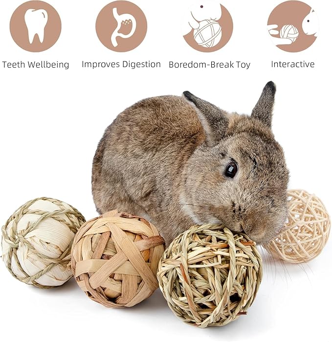 Natural Bunny Chew Toys Funny Safe Hay Grass Ball for Chinchilla Guinea Pig Rats Rabbits Hamster Gerbil Degu (6PC)