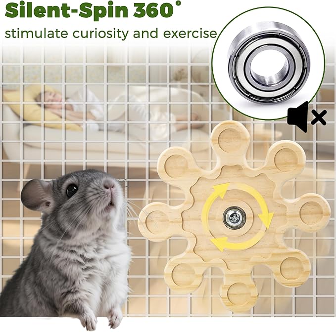 Rotating Chinchilla Chew Toys for Teeth and 250g(0.55lb) Organic Apple Sticks, Natural Wooden Chinchilla Cage Accessories Enrichement for Playtime Puzzle, Chinchillas Treats Molar Wood