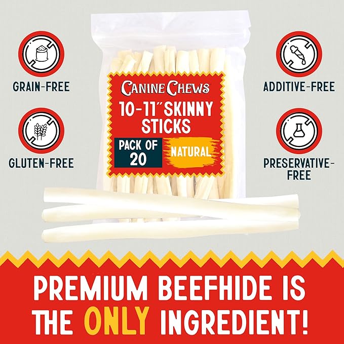 Canine Chews 10-11" Retriever Stick Rolls Rawhide for Dogs Skinny Sticks for Small Aggressive Chewing Dogs (20 Pack)