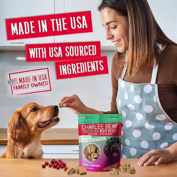 Charlee Bear Grain Free Meaty Bites Freeze Dried Dog Treats, Chicken and Cranberries, 2.25 Ounce Resealable Bag, Training Treats or Meal Topper Dogs, High Protein Dog Snacks, Made in USA