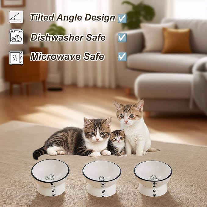 Anti-Rollover Elevated Ceramic Cat Bowls Holding Food and Water with A Cute Puppy Sideways Pattern, Black Border, Suitable for Small Dogs and Pets