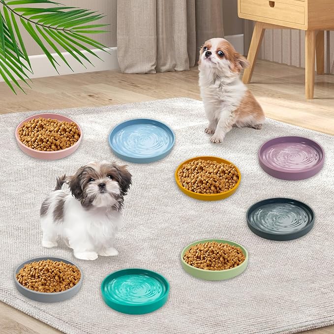 Silicone Dog Bowl Shallow Cat Food Bowls 7in Flat Puppy Plates Cute Whisker Fatigue Pet Feeding Dishes Set of 2 for Dry and Wet Food Indoor (Round Dark Grey)
