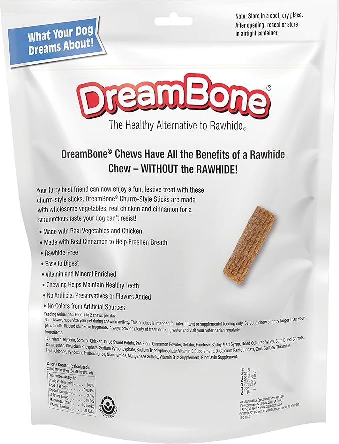 Dreambone Churro-Style Mini Sticks, Made with Real Cinnamon, Rawhide-Free Chews for Dogs 30 Count (Pack of 12)