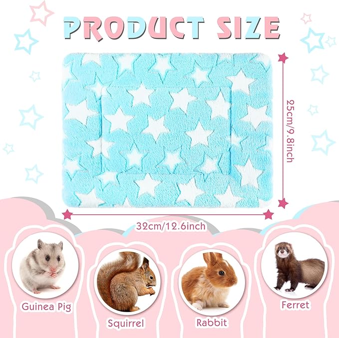 Haull 4 Pcs Waterproof Guinea Pig Bedding Guinea Pig Bed Plush Cage Liners Soft Rabbit Dog Crate Pad Cat Mat Reversible Cozy Animal Pee Pad Hamster Bunny Mat Accessory(Cute Star,13 x 10 Inch)