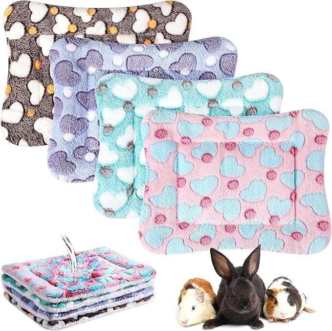 Haull 4 Pcs Waterproof Guinea Pig Bedding Guinea Pig Bed Plush Cage Liners Soft Rabbit Dog Crate Pad Cat Mat Reversible Cozy Animal Pee Pad Hamster Bunny Mat Accessory(Heart,13 x 10 Inch)