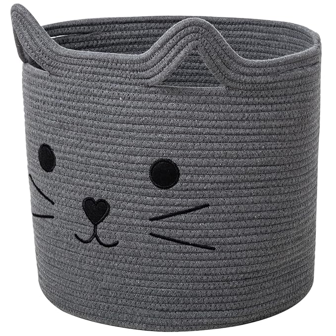 VK VK·LIVING Large Basket for Organizing Cute Animal Storage Baskets Cat Toy Storage Woven Cotton Rope Hamper Organizer for Laundry, Towels, Blanket, Toys, Clothes, Gifts, Pet Bed 15''x14''