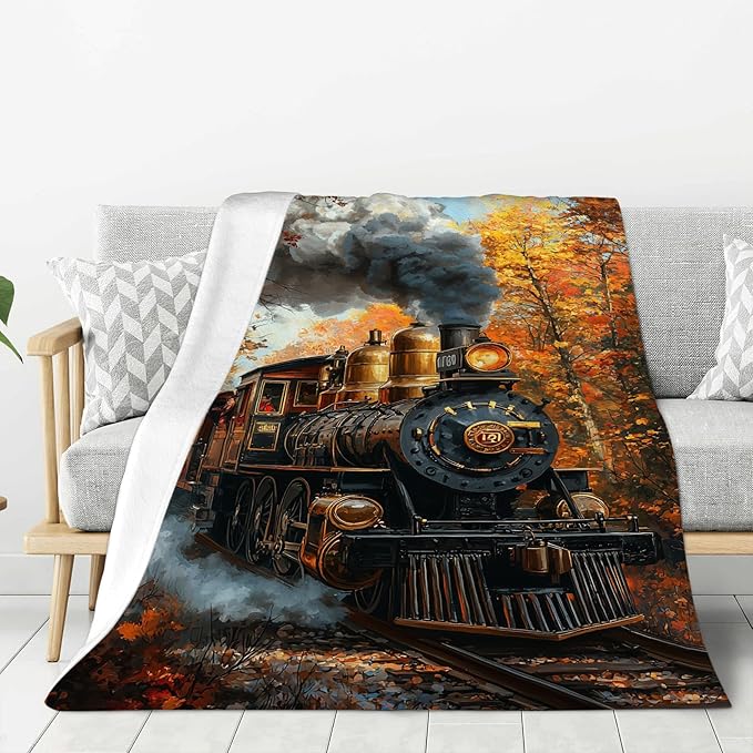 Train Blanket, Train Decor Throw Blankets, Gifts for Men Boys Girls Women Lover Adult Cozy Fleece Flannel Bedding Stuff Plush for Couch Sofa Bed Decor 60"X50"