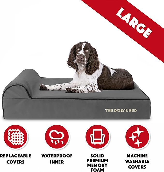 The Dog’s Bed Orthopedic Memory Foam Dog Bed with Headrest, Calming Surface – CertiPUR-Certified Foam, Oxford Fabric, Grey with Black Trim, Large, 6-Inch