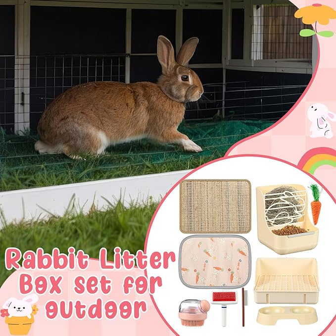 Honeydak 10 Pcs Rabbit Starter Kit Small Litter Box Bunny Grooming Kit Scratch Pads Hay Feeder Bowl Ice Pad with Bunny Toys for Guinea Pig Rabbit Accessories(Beige)