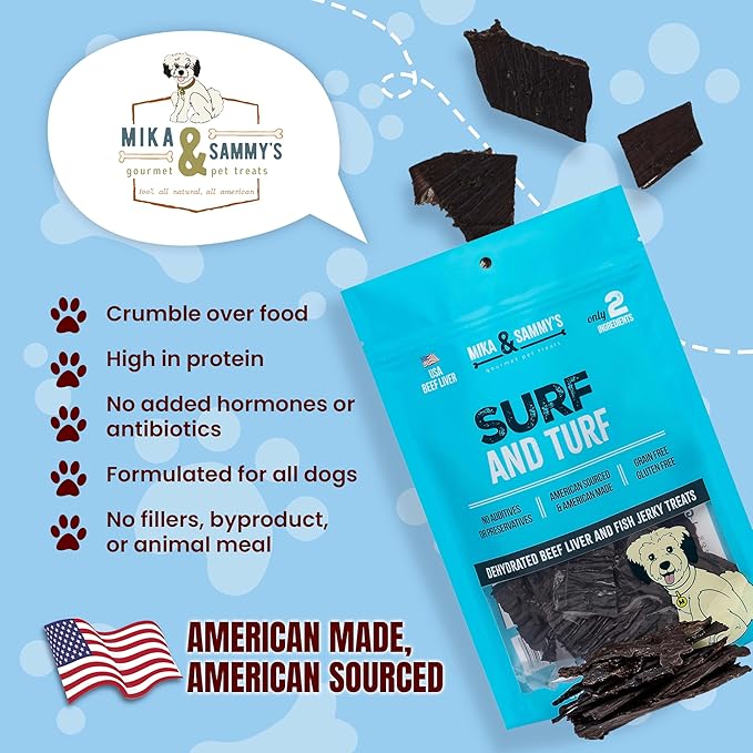 Mika & Sammy's Gourmet Beef Liver & Mackeral Jerky Dog Treats Made in The USA. (Surf & Turf 5 oz)