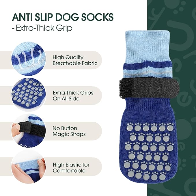 Kuoser Dog Socks, Non-Slip Dog Grip Sock for Hardwood Floors, No Twist Dog Boots & Paw Protectors 4 Pcs Anti-Scratch Hot Pavement Winter Snow Socks for Small Medium Large Senior Dogs, Blue XL