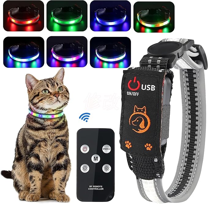 Cat Collar,Light Up Dog Collar, Rechargeable Waterproof LED Cat Collar with Remote, Breakaway Glow in Dark, Dog Lights for Night Walking