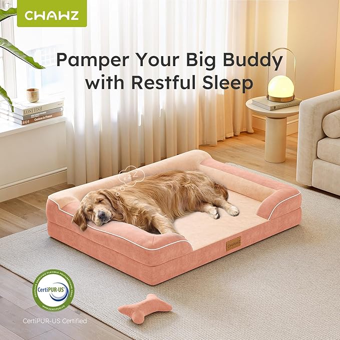 Extra Large Dog Bed, Orthopedic Dog Bed with Cooling Gel Memory Foam, Waterproof XL Pet Bed with Removable Washable Cover, 42" Pet Sofa Couch Dutch Velvet with Bone Toy, Peach Pink