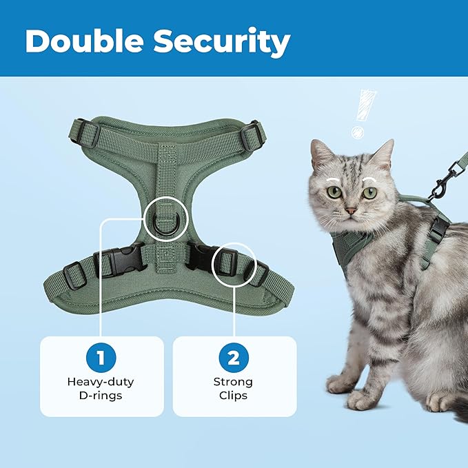 Voyager Escape-Proof Step-in Lock Cat Harness & 5ft Neoprene-Handle Leash Set All-Weather Mesh with Reflective Stitching for Small to Large Cats by Best Pet Supplies, Moss Green (327), M