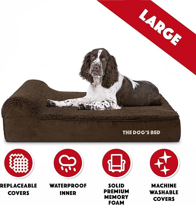 The Dog’s Bed Orthopedic Memory Foam Dog Bed with Headrest, Calming Surface – CertiPUR-Certified Foam, Plush Fabric, Brown Plush, Large, 6-Inch