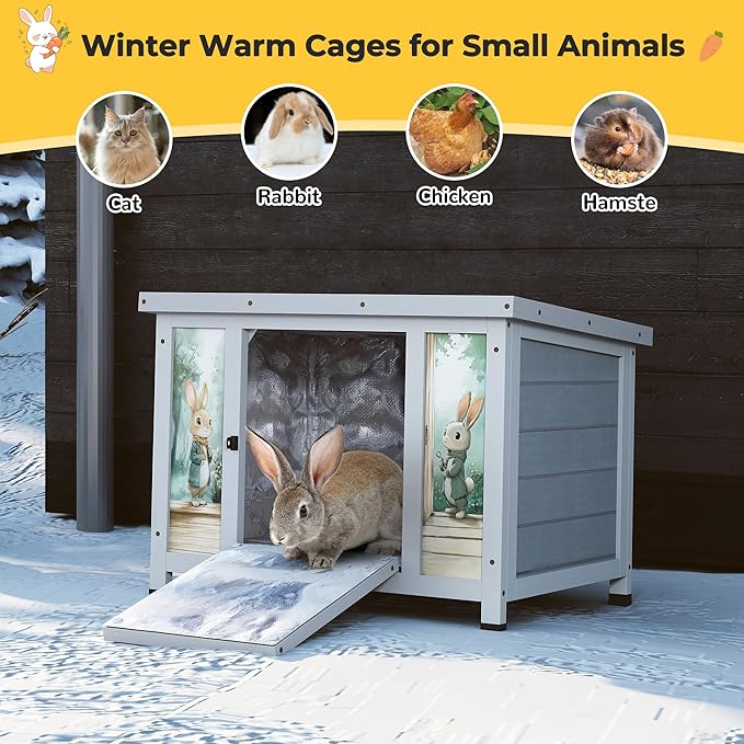 Coziwow 25" Insulated Cat House Bunny Hutch for Outdoor & Indoor Use - Solid Wood Rabbit Cage with Winter Warm Liner, Lightweight Weatherproof Shelter for Cats, Rabbits, Small Animals (Gray)