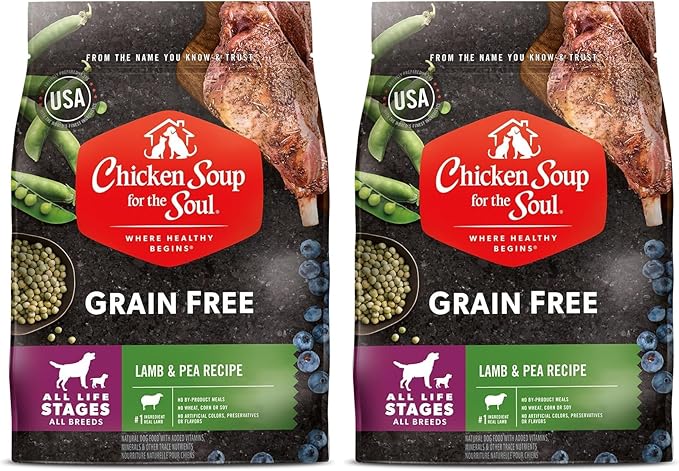 Chicken Soup for the Soul All Natural Premium Grain-Free All Life Stage Dry Dog Food, Real Meat First Ingredient, No by-Products, Added Taurine Supports Heart Health, Lamb & Pea, 4lb (Pack of 2)