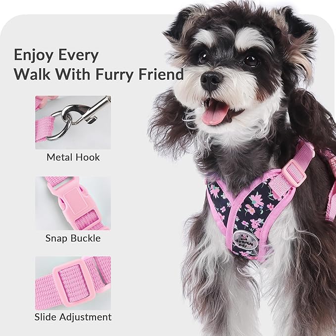 Patas Lague Dog Harness with Leash Set Adjustable Soft Padded Step-in Dog Vest No Choke No Pull Reflective for Small Medium Pets with Poop Bags and Dispenser, Solid and No-chew, Floral Pink M