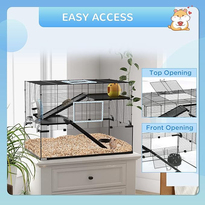 PawHut Large Hamster Cage with Deep Tempered Glass Bottom, 3 Tiers Hamster Tank with Running Wheel, Hut, Water Bottle, Dish, Rat Cage for Syrian, Dwarf, Gerbils, Mouse, 30" x 19" x 21.5", Black