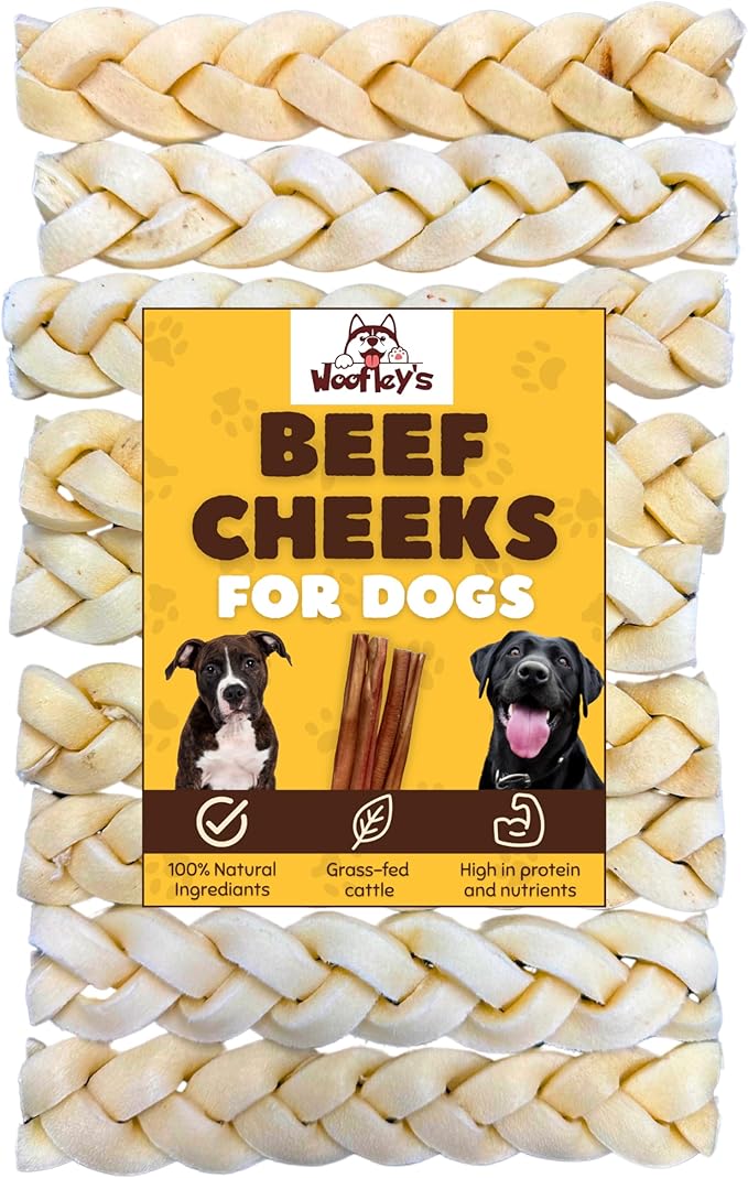 Woofley's 6" Buffalo Beef Cheek Braids Regular - (20 Count)- Beef Cheek Dog Chews - No Hide Bones for Dogs