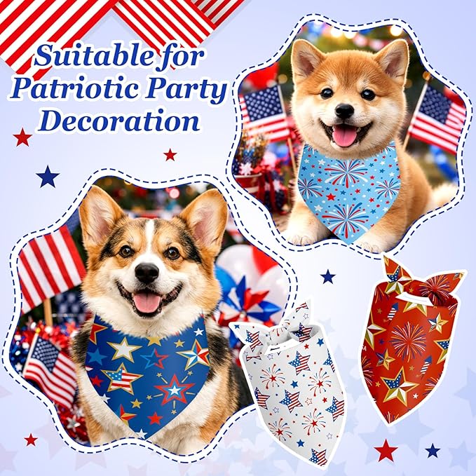 Shyyween 100 Pcs Patriotic Dog Bandanas Bulk Memorial Day Bandanas for Dogs Triangle Scarf Set for 4th of July 1776 Red White and Blue for Small Medium Large Outfit(Star, 25.6 x 17.7 x 17.7 Inch)