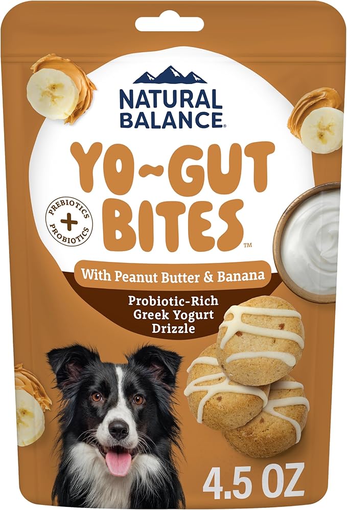 Natural Balance Yo-Gut Bites Crunchy Dog Treats with Real Peanut Butter & Banana, Greek Yogurt Drizzle, Probiotics for Digestive Support, 4.5oz Bag