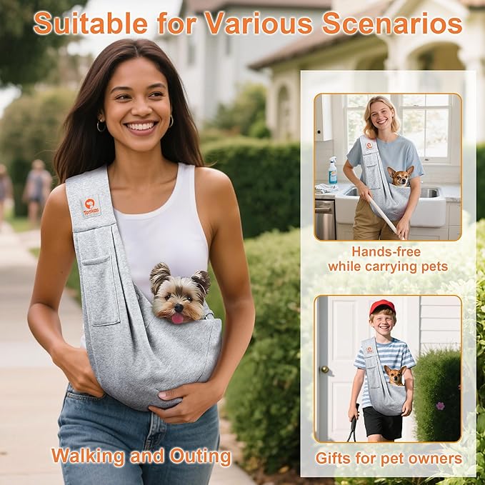 Tomkas Small Dog Sling Carrier - Cat Sling Carrier - Classic Pocket & Classic Strap - for 2-7 lbs Pets(Grey)
